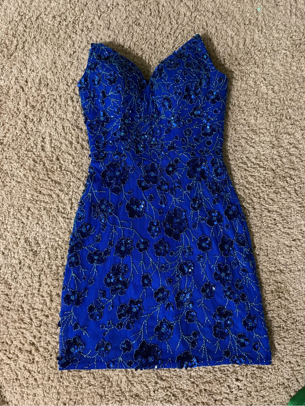 Primavera Couture Strapless Beaded Floral Mini Dress in Royal Blue